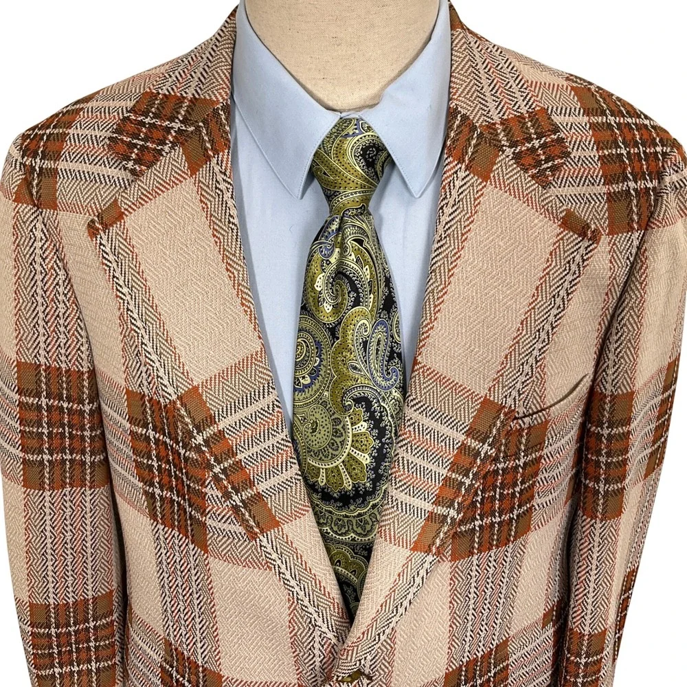 Hart‎ Schaffner Marx Blazer Mens 42R Beige Blanket Plaid Escadrille Wool VTG
